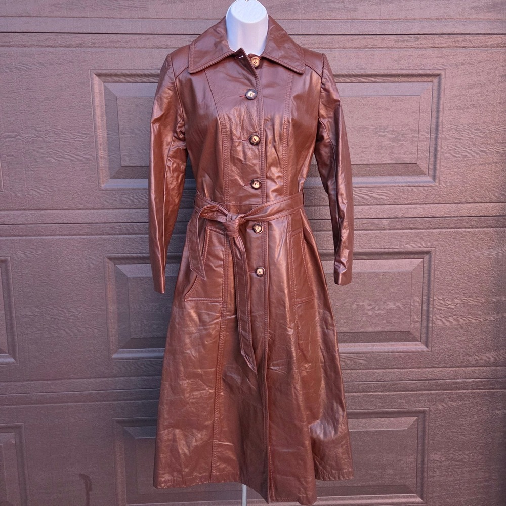 Vintage 70s Leather Attic Brown Trench Coat Faux Fur Zip Pile Liner Canada 7/8